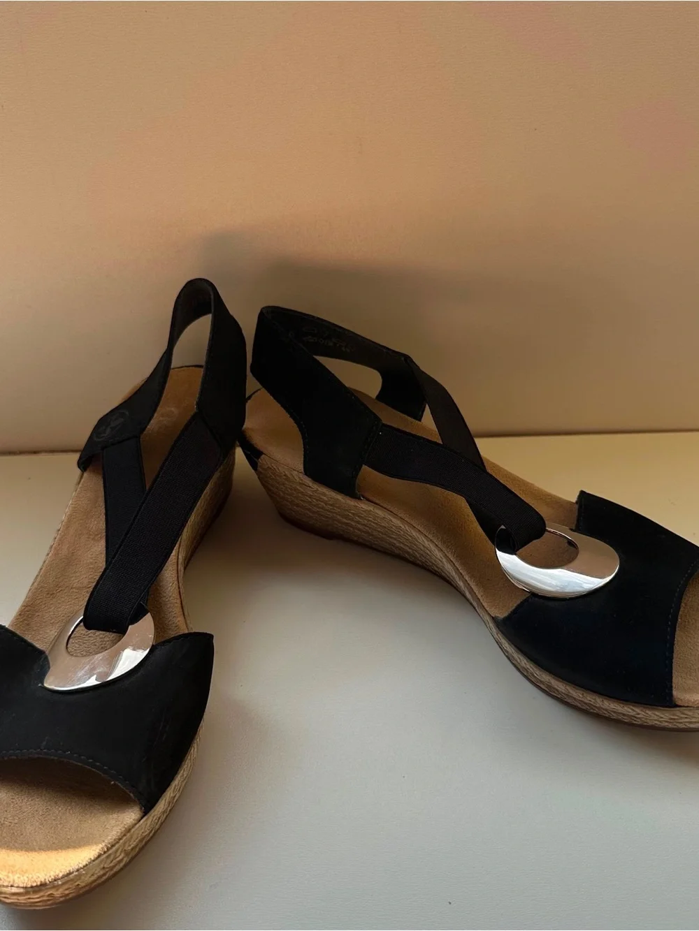 Rieker Womens Black Wedge Sandals Elastic Ankle Strap Silver Ring Size 8 US